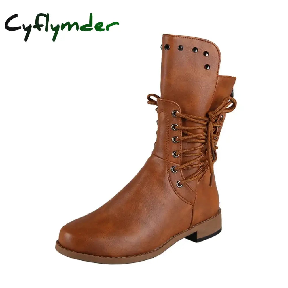 Cyflymder Women Mid-Calf Boot Fashion Rivet Knight Boots British Style Autumn Winter Female Shoes Cross Lace Morden