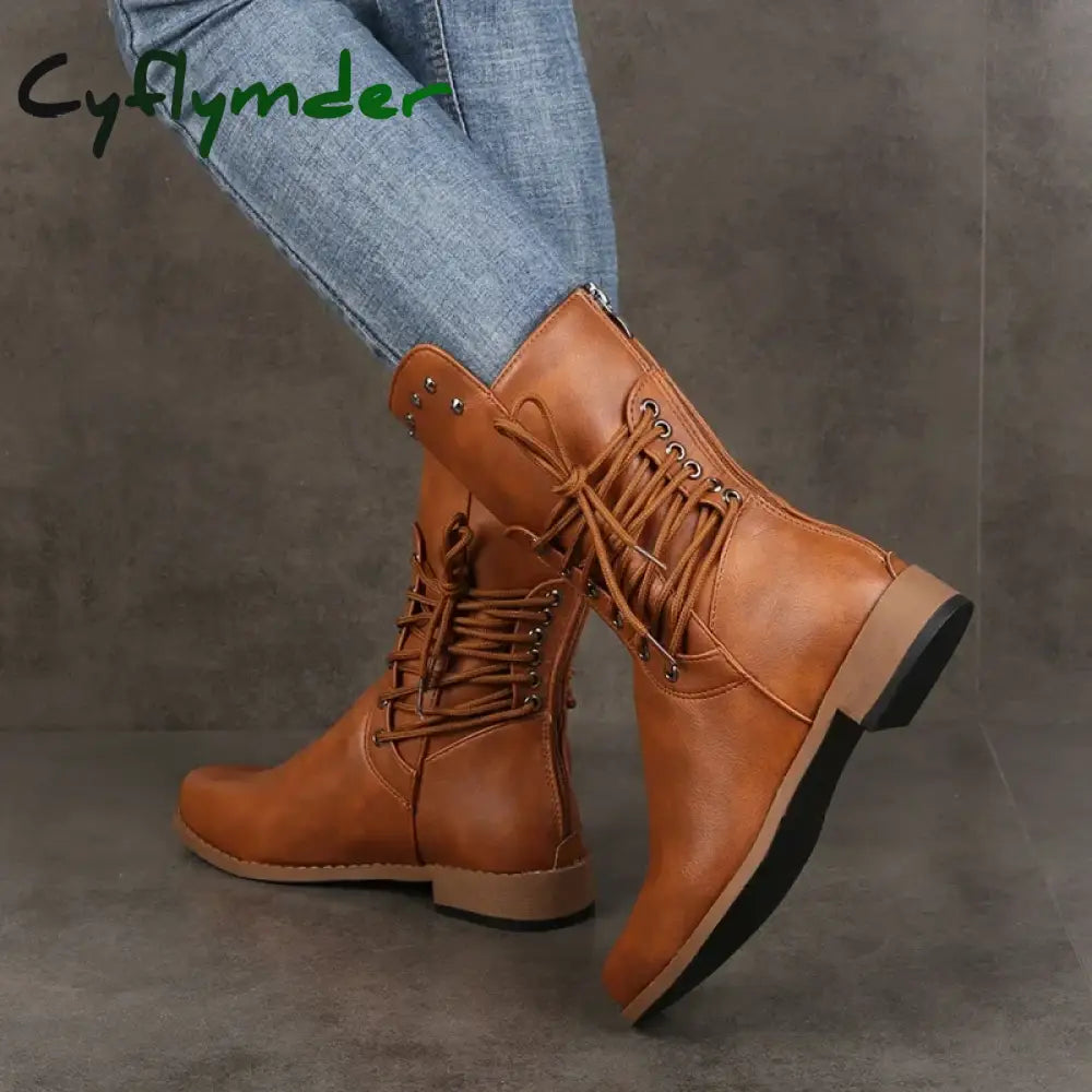 Cyflymder Women Mid-Calf Boot Fashion Rivet Knight Boots British Style Autumn Winter Female Shoes Cross Lace Morden