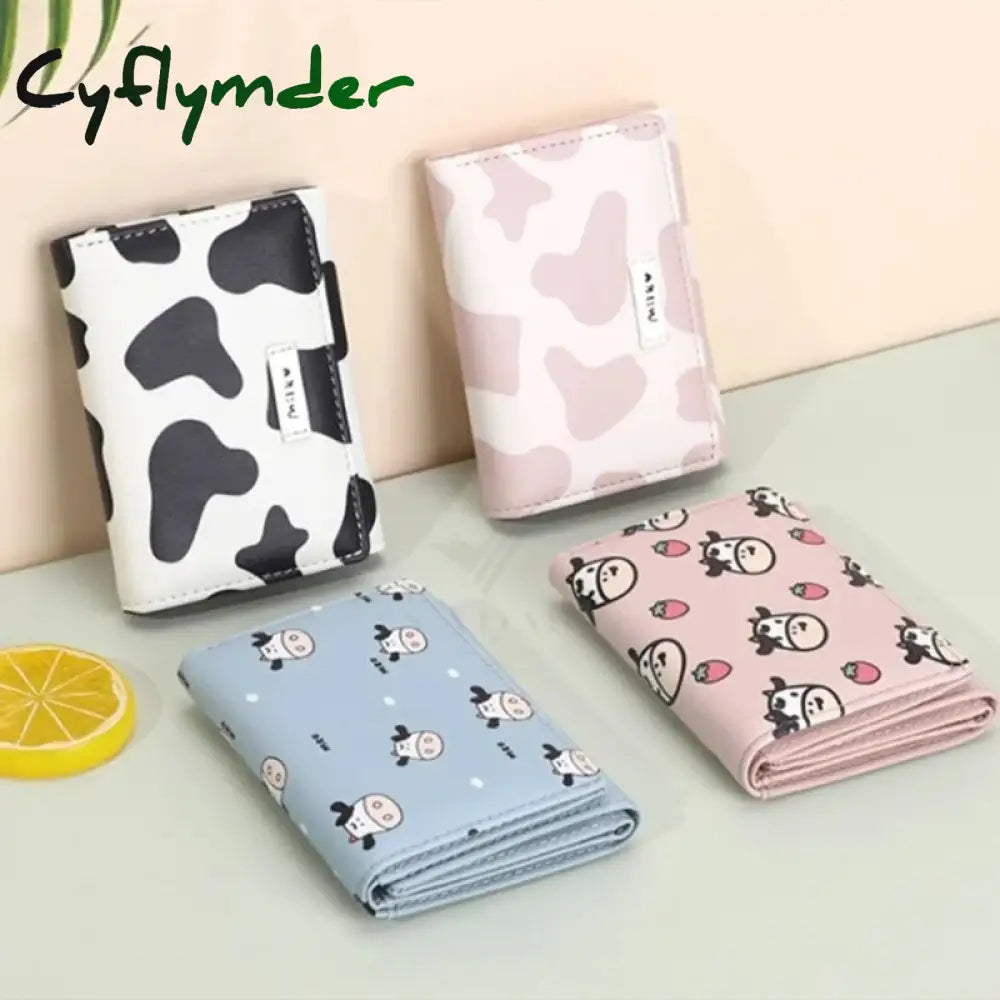 Cyflymder Women New Fashion Wallet Pu Leather Cartoon Cow Cattle Short Ladies Multi-Card Slot Coin