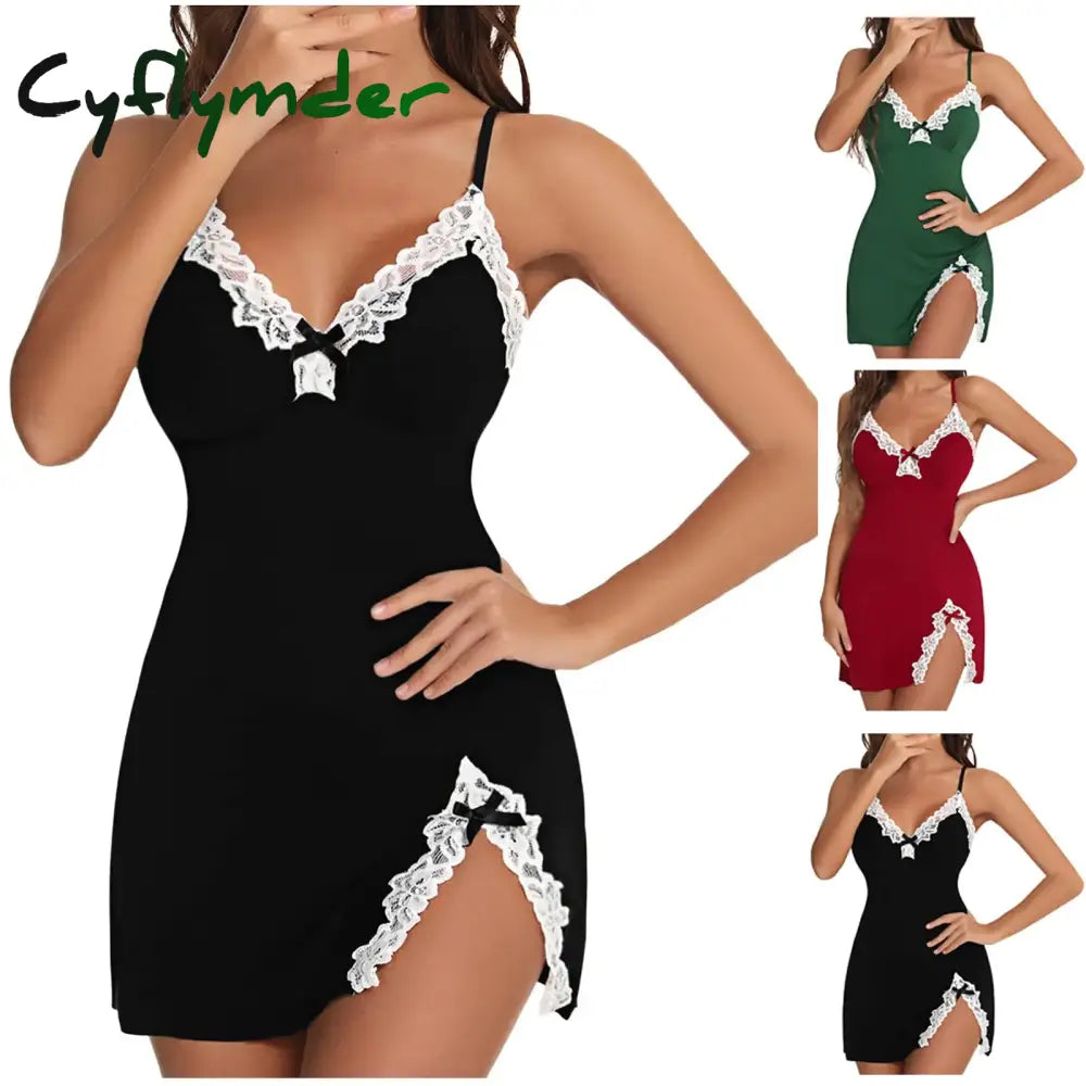 Cyflymder Women Nightdress Sexy Lace Chemise Bow Nightgown Sleepwear V Neck Full Slip Babydoll