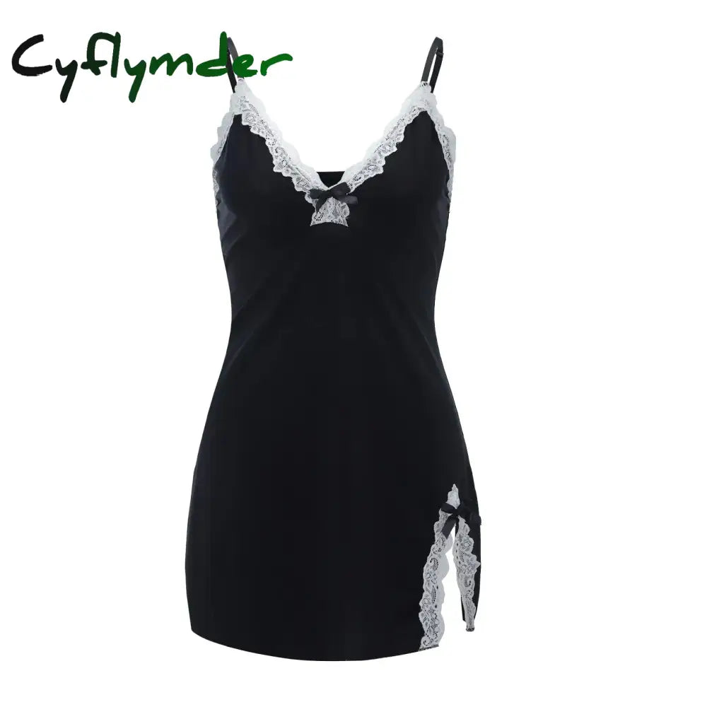 Cyflymder Women Nightdress Sexy Lace Chemise Bow Nightgown Sleepwear V Neck Full Slip Babydoll