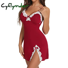 Cyflymder Women Nightdress Sexy Lace Chemise Bow Nightgown Sleepwear V Neck Full Slip Babydoll