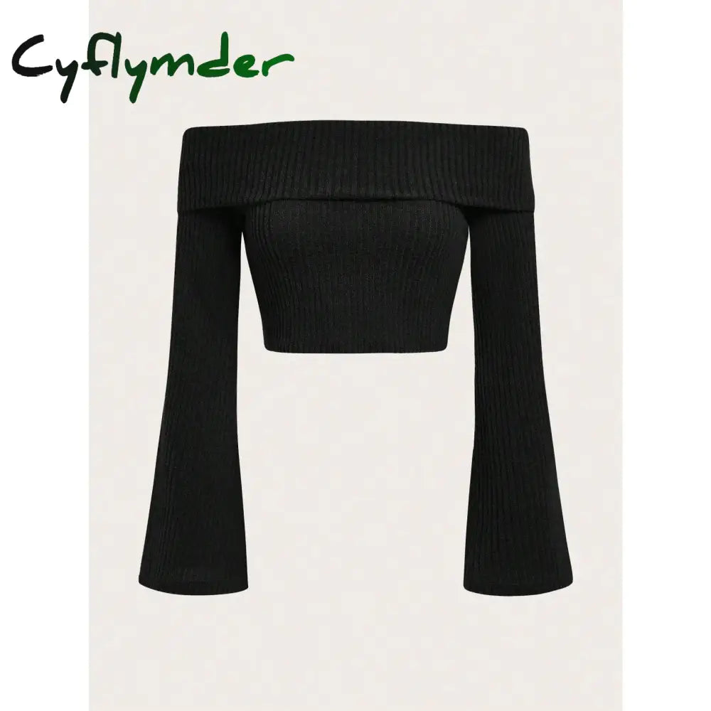 Cyflymder Women Off The Shoulder Flare Long Sleeve Crop Top Fall Spring Sexy Rib-knit Fleece Cropped Blouse Tee Shirts