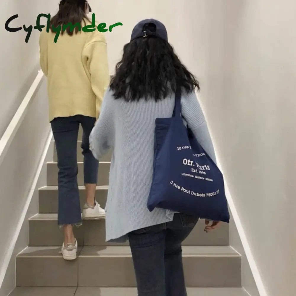 Cyflymder Women Ofr Paris French Letters Print Canvas Bag Thin Cloth Shopping Female Eco Handbag