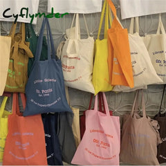 Cyflymder Women Ofr Paris French Letters Print Canvas Bag Thin Cloth Shopping Female Eco Handbag