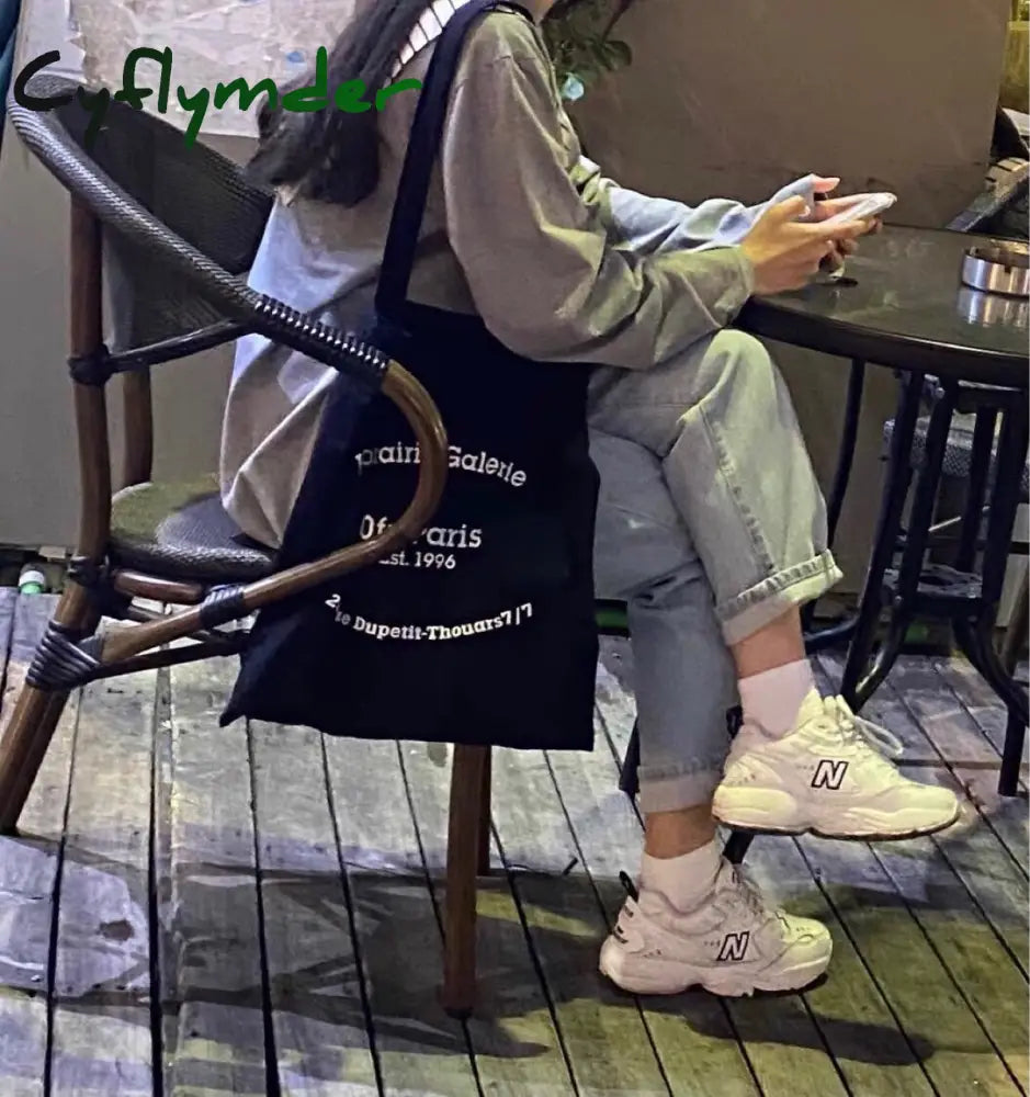 Cyflymder Women Ofr Paris French Letters Print Canvas Bag Thin Cloth Shopping Female Eco Handbag