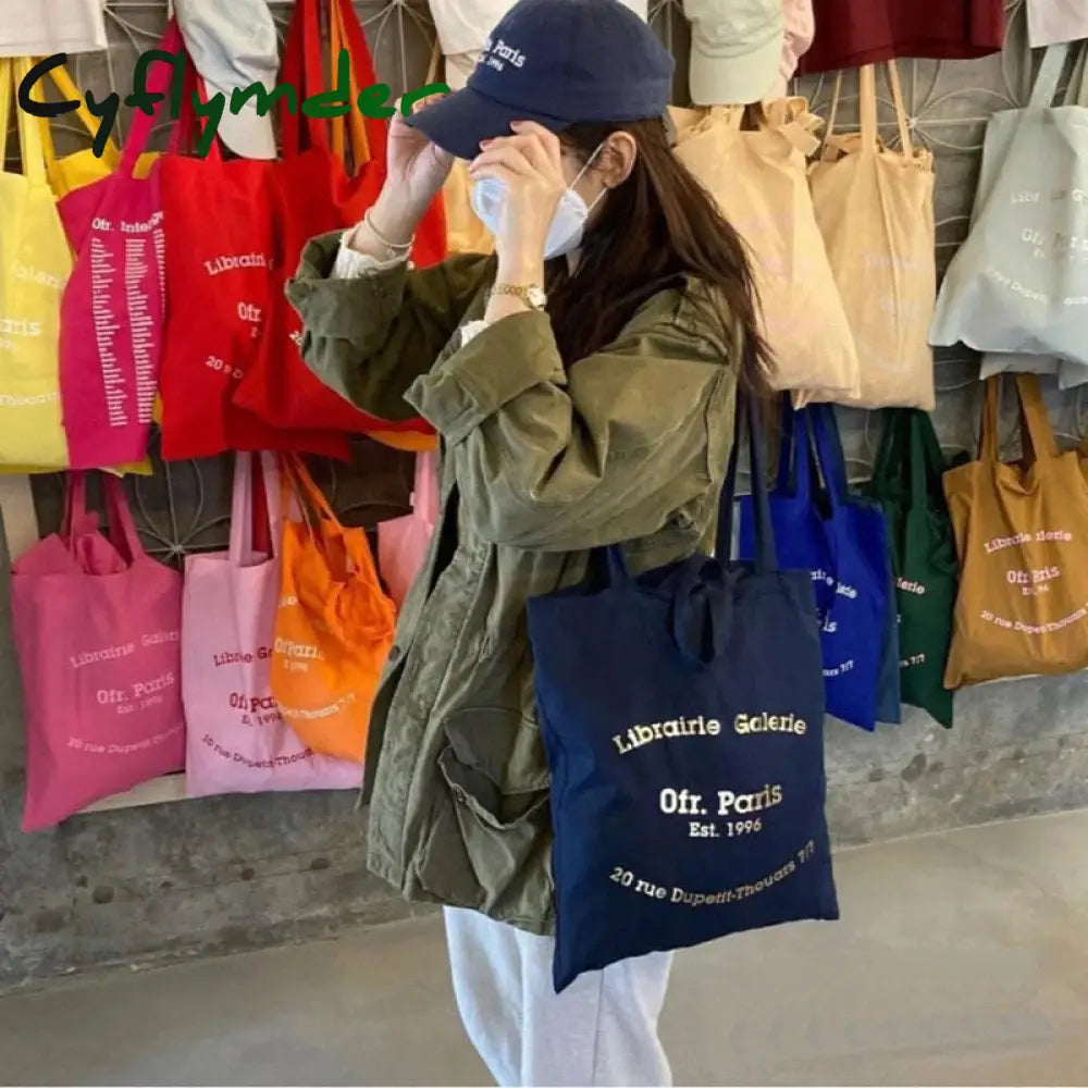 Cyflymder Women Ofr Paris French Letters Print Canvas Bag Thin Cloth Shopping Female Eco Handbag