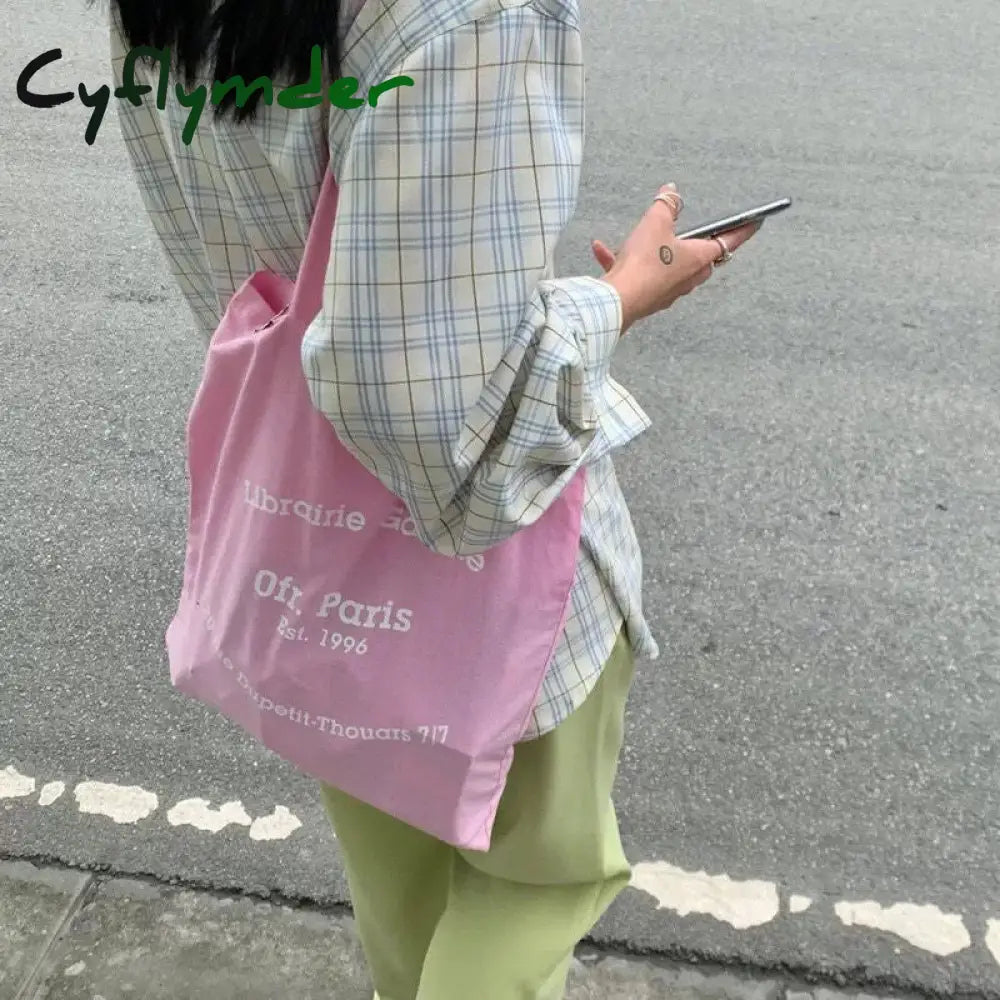 Cyflymder Women Ofr Paris French Letters Print Canvas Bag Thin Cloth Shopping Female Eco Handbag