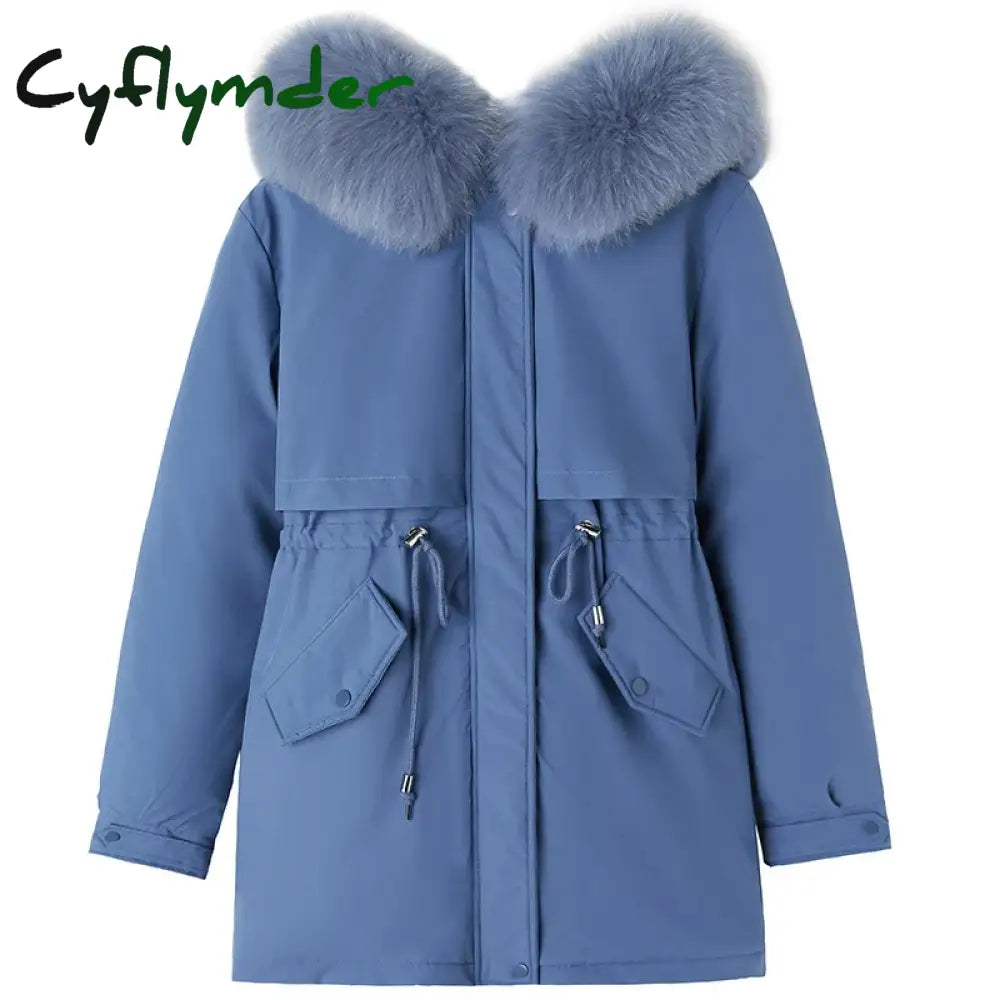Cyflymder Women Parka Fashion Long Coat Wool Liner Hooded Parkas New Winter Jacket Slim with Fur Collar Warm Snow Wear