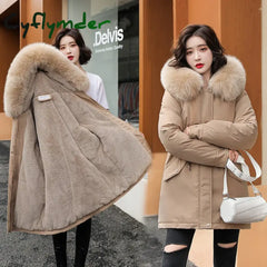 Cyflymder Women Parka Fashion Long Coat Wool Liner Hooded Parkas New Winter Jacket Slim with Fur Collar Warm Snow Wear