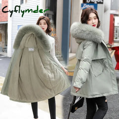 Cyflymder Women Parka Fashion Long Coat Wool Liner Hooded Parkas New Winter Jacket Slim with Fur Collar Warm Snow Wear
