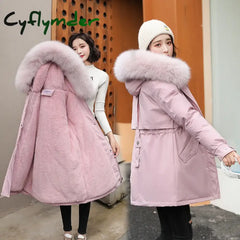 Cyflymder Women Parka Fashion Long Coat Wool Liner Hooded Parkas New Winter Jacket Slim with Fur Collar Warm Snow Wear