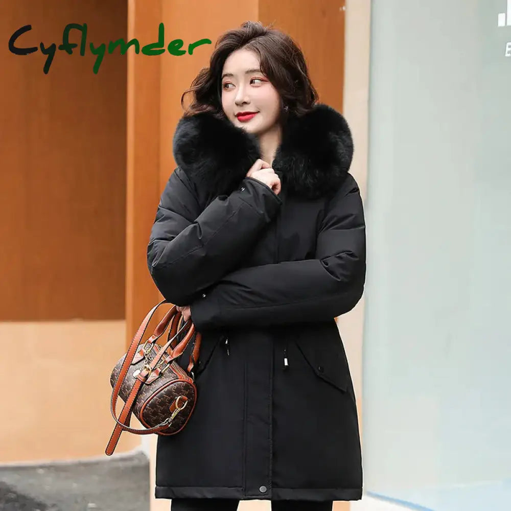 Cyflymder Women Parka Fashion Long Coat Wool Liner Hooded Parkas New Winter Jacket Slim With Fur