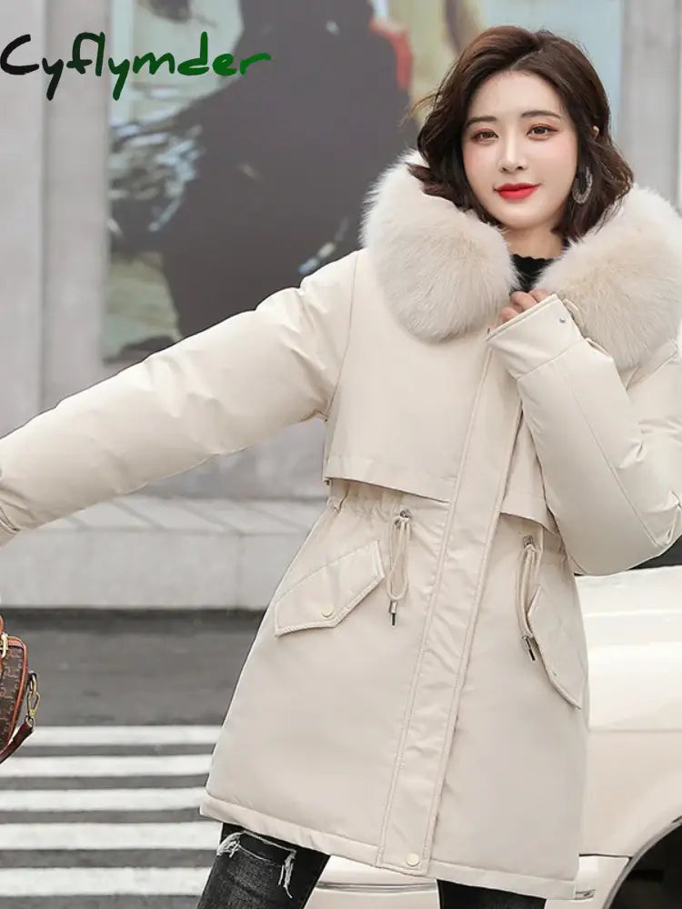 Cyflymder Women Parka Fashion Long Coat Wool Liner Hooded Parkas New Winter Jacket Slim with Fur Collar Warm Snow Wear