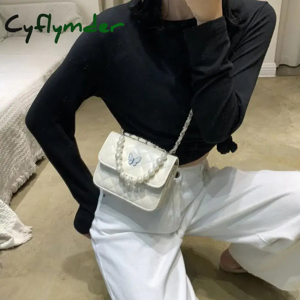 Cyflymder Women Pearl Chain Shoulder Underarm Bags Casual Ladies Embroidery Thread Crossbody Female