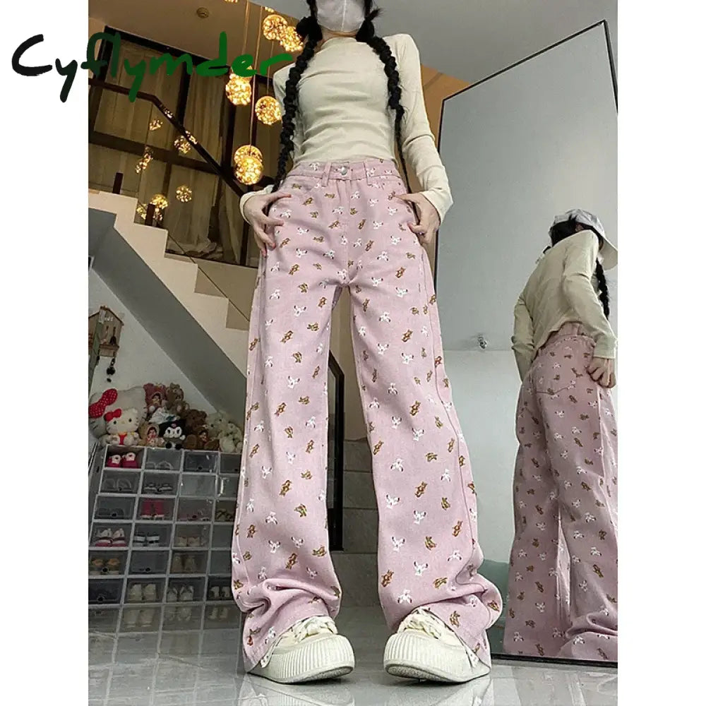 Cyflymder Women Pink Jeans Vintage High Waist Chic American Fashion Y2K Streetwear Wide Leg Jean