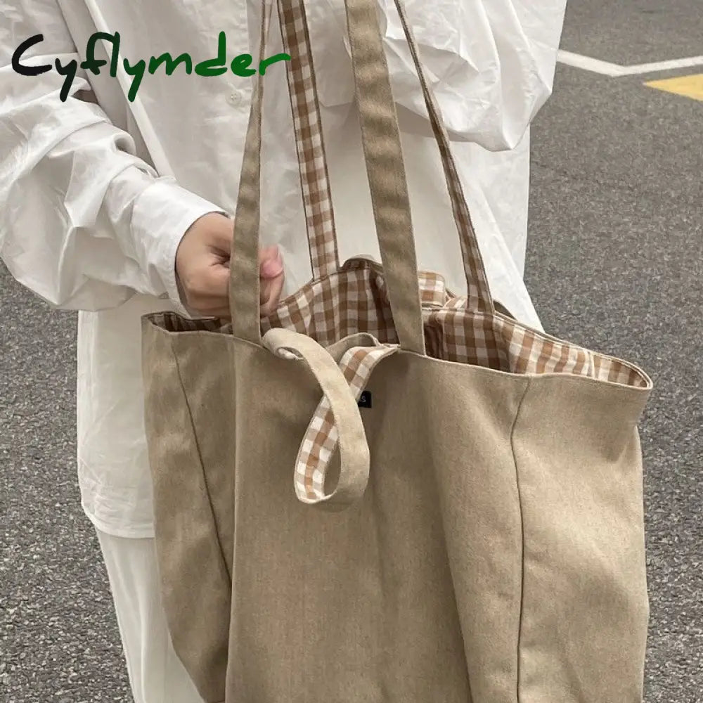 Cyflymder Women Plaid Shopping Bags Double-Side Shoulder Large Capacity Tote Preppy Style Student