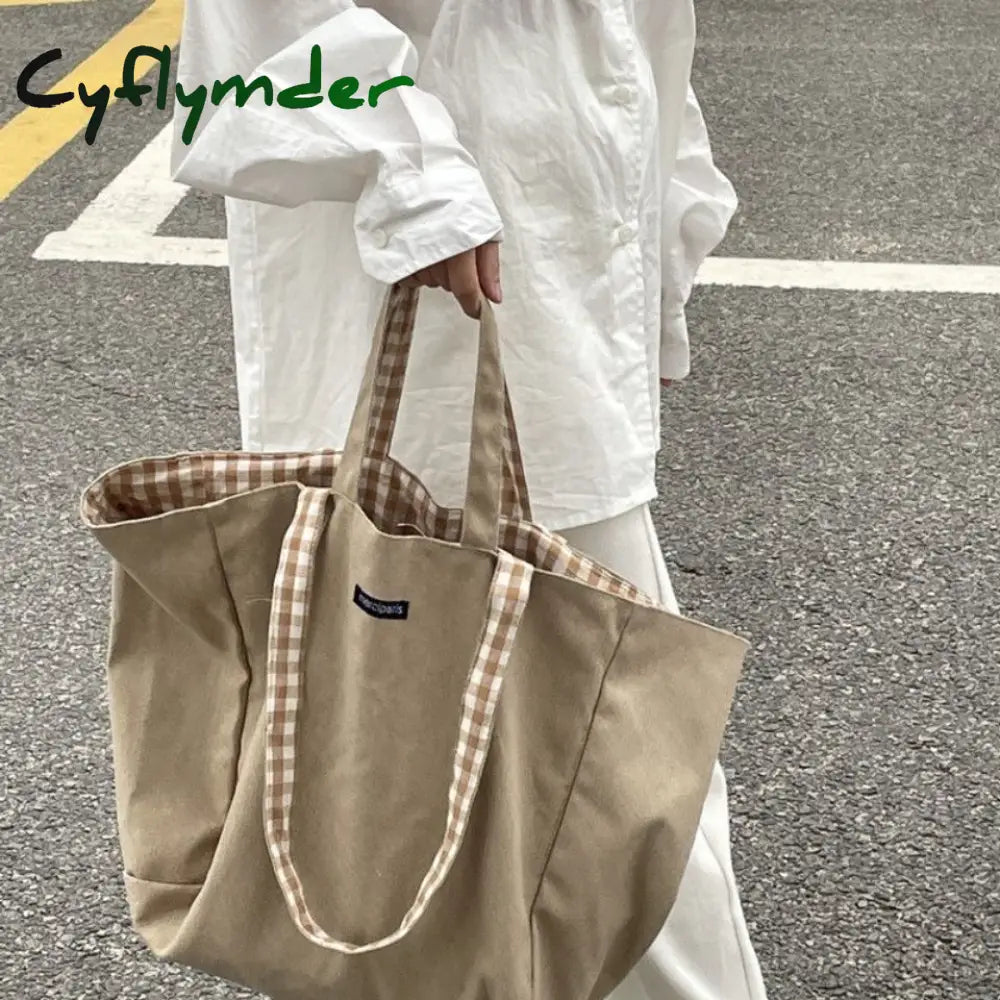 Cyflymder Women Plaid Shopping Bags Double-Side Shoulder Large Capacity Tote Preppy Style Student