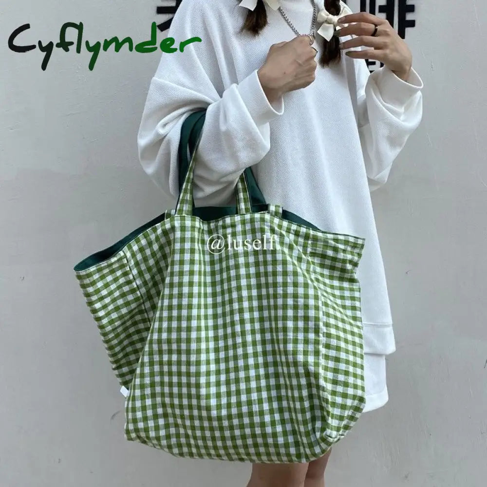 Cyflymder Women Plaid Shopping Bags Double-Side Shoulder Large Capacity Tote Preppy Style Student