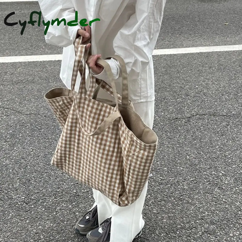 Cyflymder Women Plaid Shopping Bags Double-Side Shoulder Large Capacity Tote Preppy Style Student