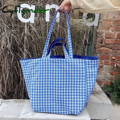 Women Plaid Shopping Bags Double-side Shoulder Large Capacity Tote Preppy Style Student All-match Canvas Bag Mori-girl Portable