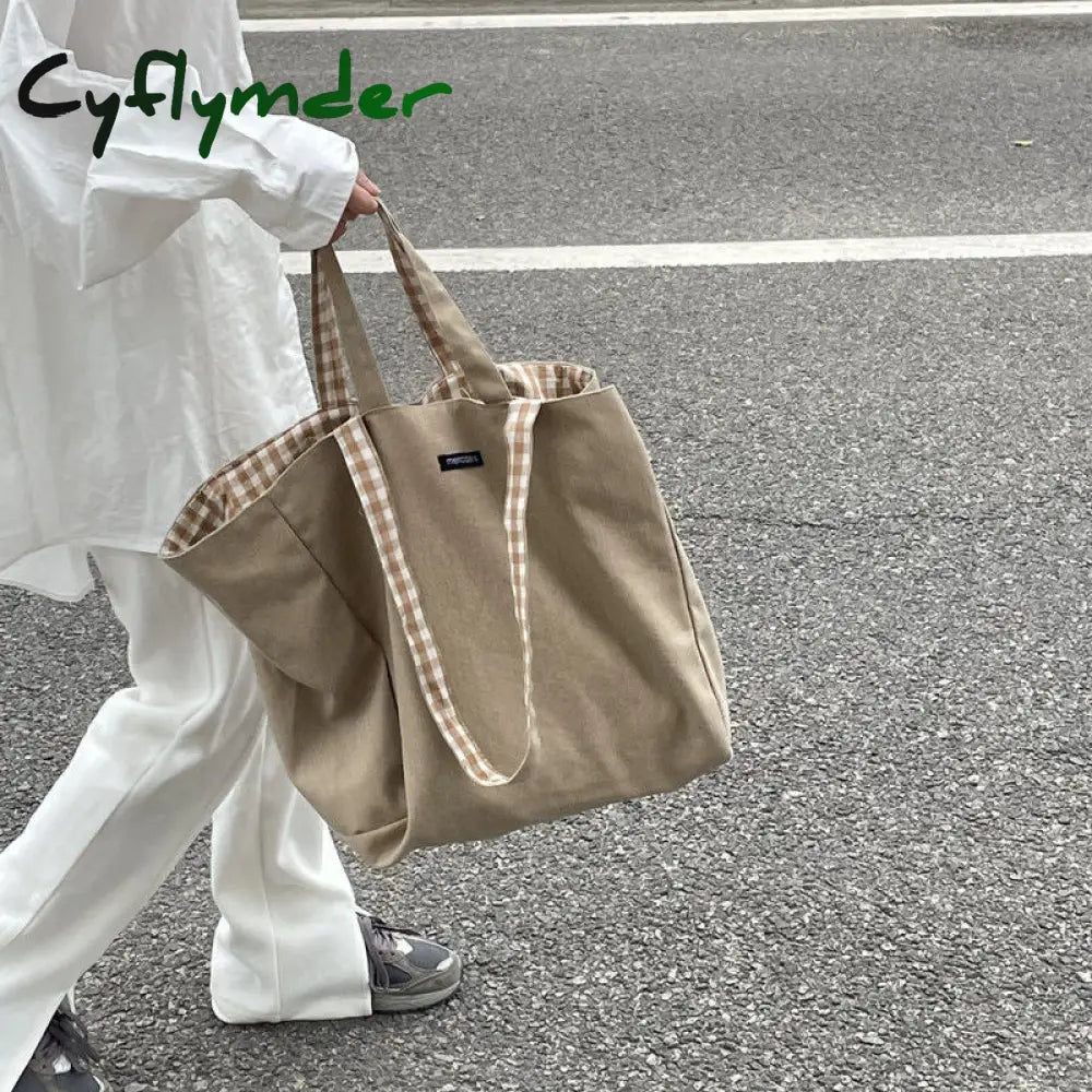 Cyflymder Women Plaid Shopping Bags Double-Side Shoulder Large Capacity Tote Preppy Style Student