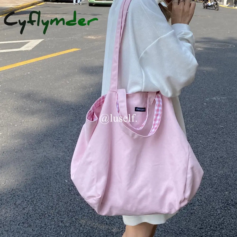 Cyflymder Women Plaid Shopping Bags Double-Side Shoulder Large Capacity Tote Preppy Style Student