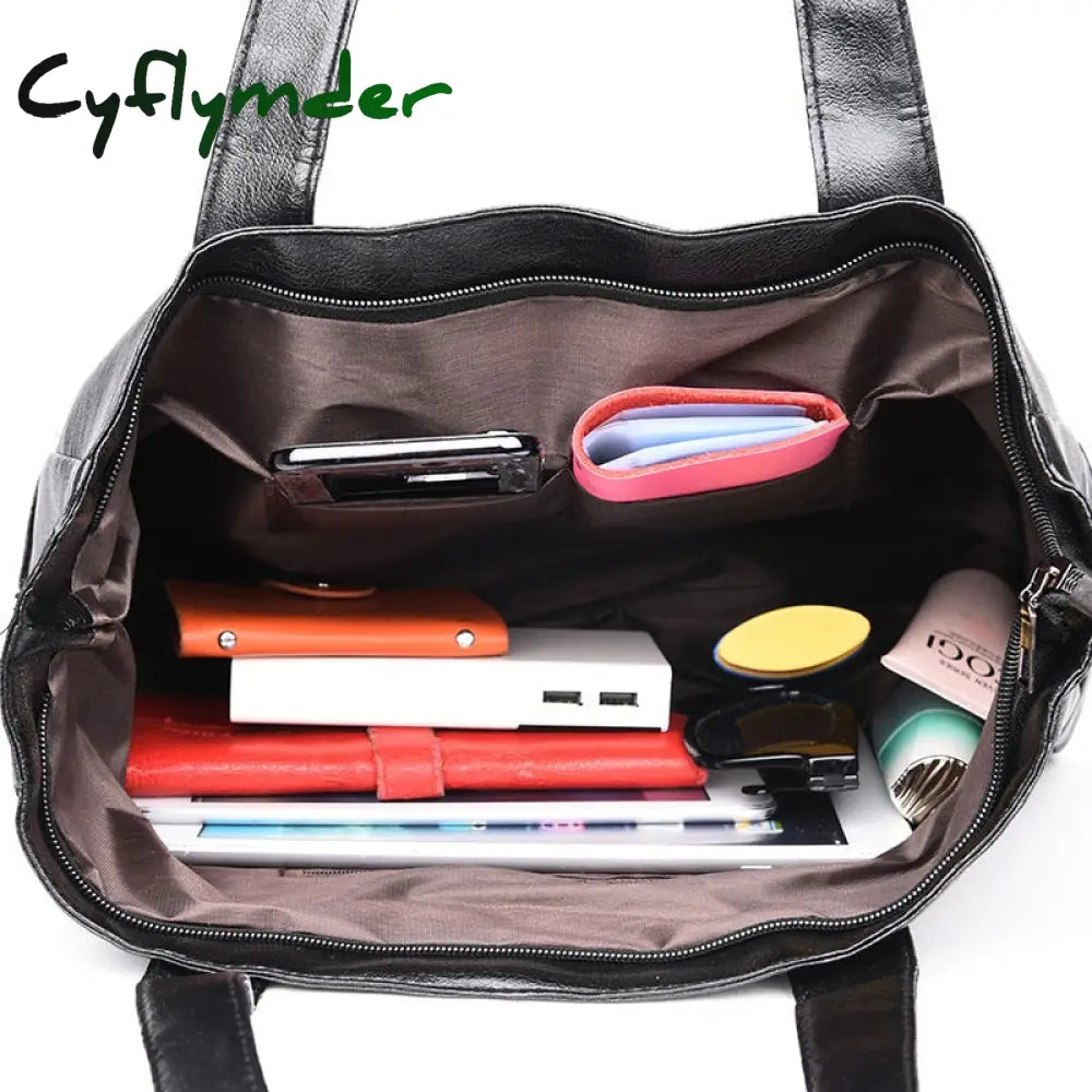 Cyflymder Women Pu Leather Handbags Fashion Big Capacity Tote Bags Retro Designer Double Strap