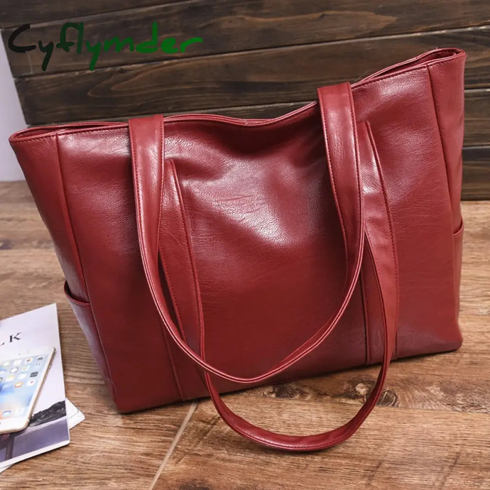 Cyflymder Women Pu Leather Handbags Fashion Big Capacity Tote Bags Retro Designer Double Strap