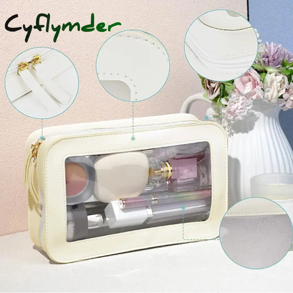 Cyflymder Women PU Makeup Bag Traveling Cosmetic Bag Clear Toiletry Bag Skincare Products Organizer Portable Size