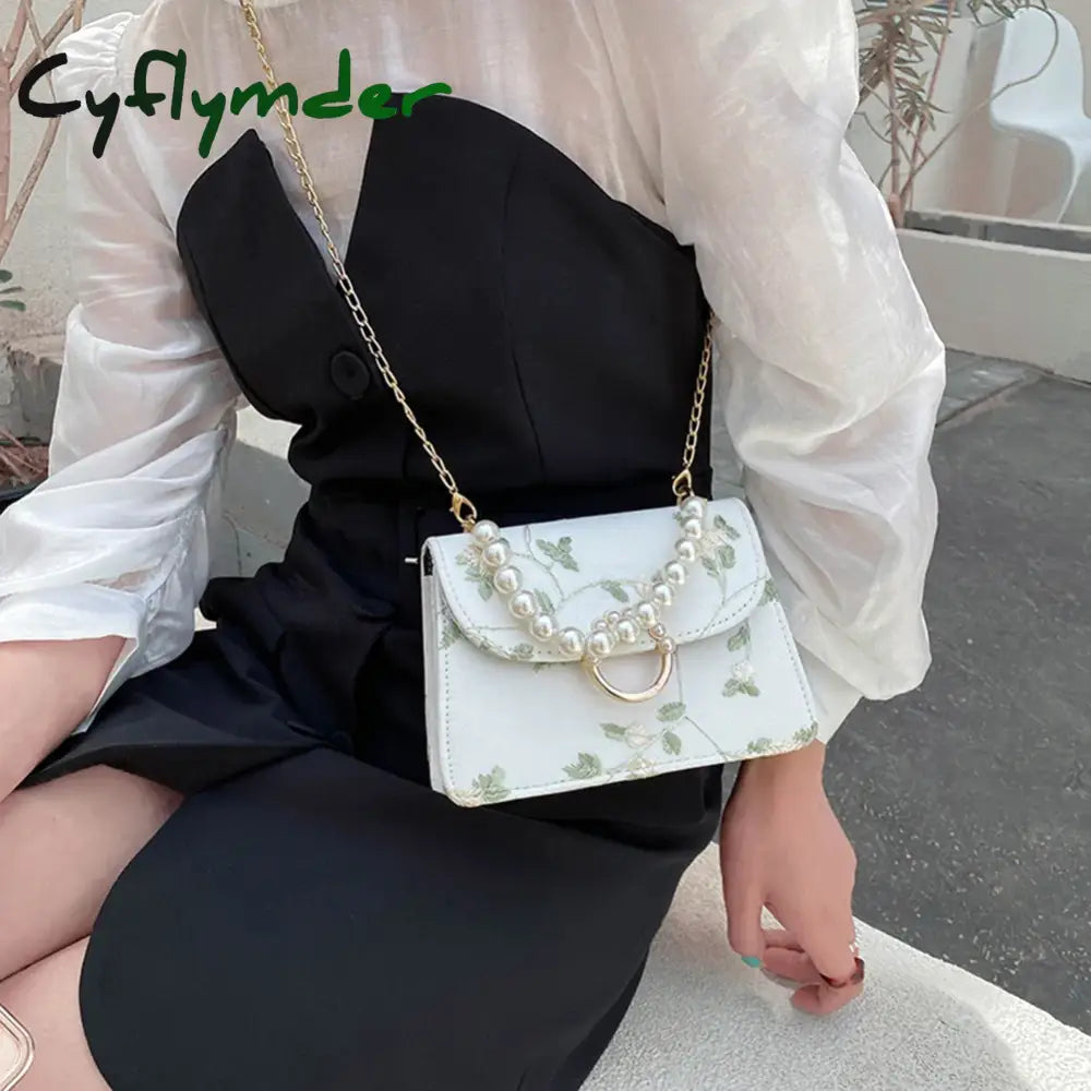 Cyflymder Women Pu Net Yarn Flower Embroidery Shoulder Bags Messenger Vintage Pearl Chain Handbags