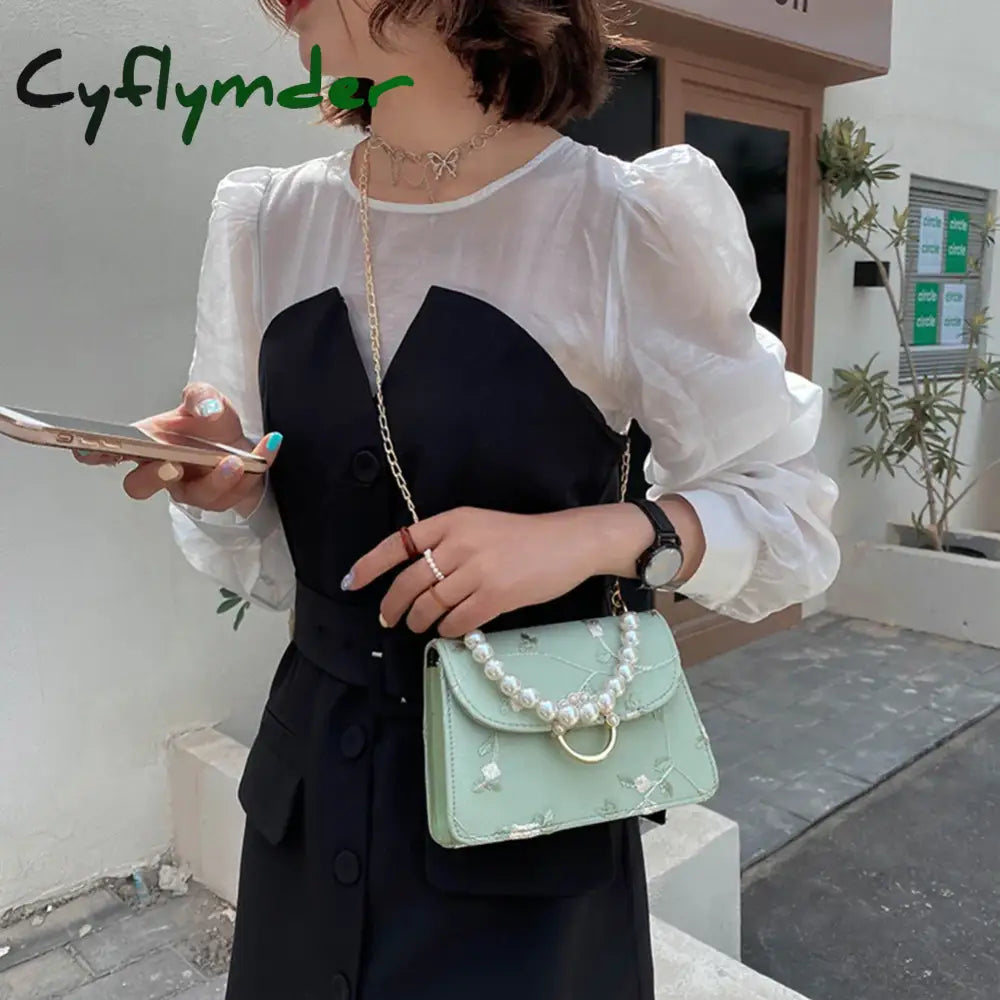 Cyflymder Women Pu Net Yarn Flower Embroidery Shoulder Bags Messenger Vintage Pearl Chain Handbags