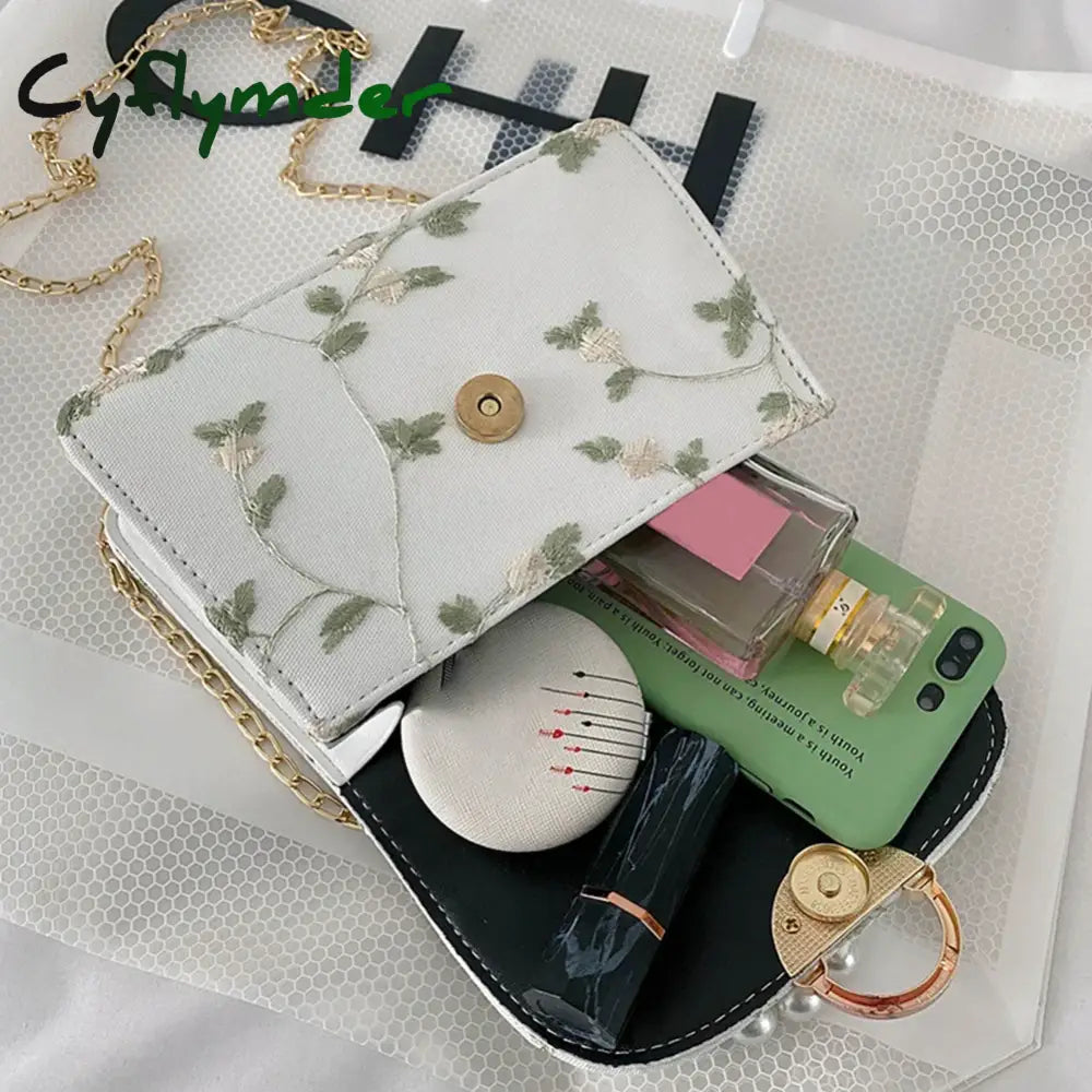 Cyflymder Women Pu Net Yarn Flower Embroidery Shoulder Bags Messenger Vintage Pearl Chain Handbags