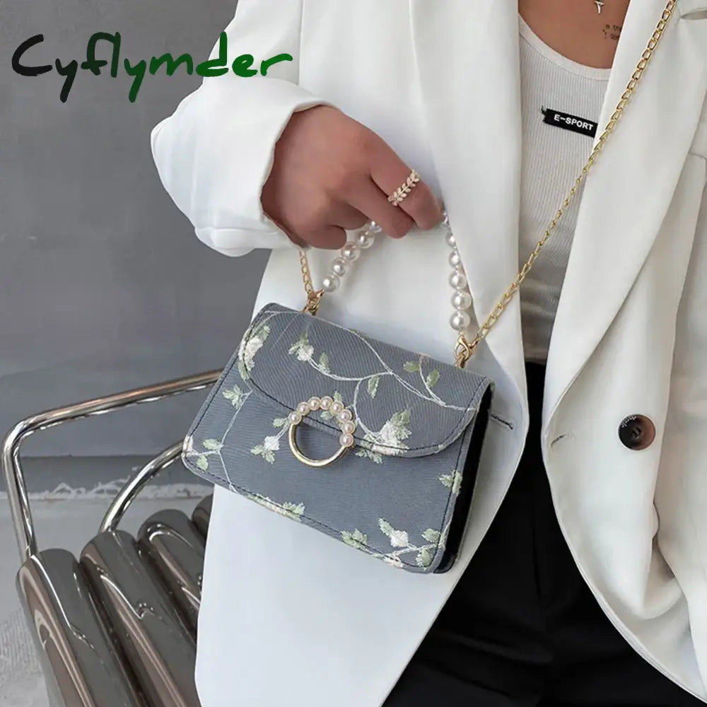Cyflymder Women Pu Net Yarn Flower Embroidery Shoulder Bags Messenger Vintage Pearl Chain Handbags