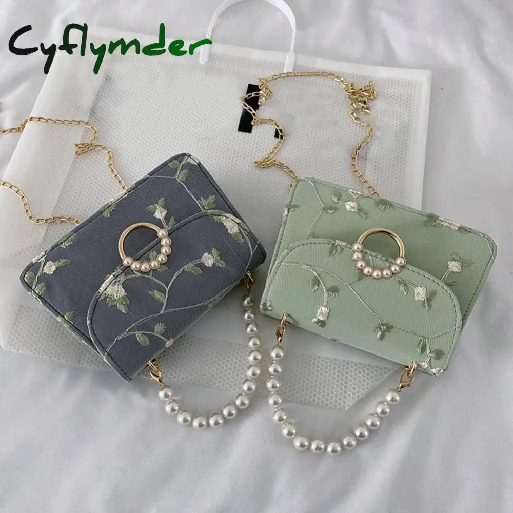 Cyflymder Women Pu Net Yarn Flower Embroidery Shoulder Bags Messenger Vintage Pearl Chain Handbags