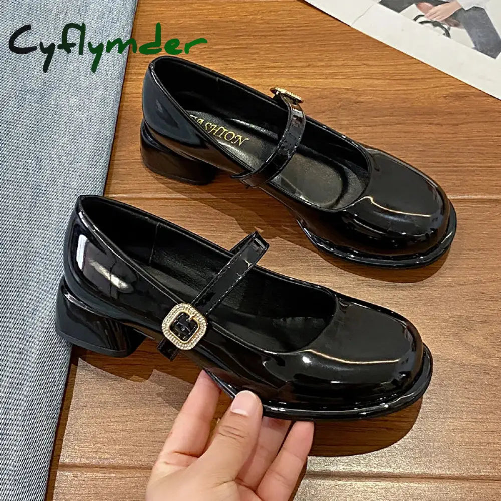 Cyflymder Women Pumps New Mary Jane Shoes for Women Big Size Belt Buckle Small Leather Shoes for Women Thick Heels High