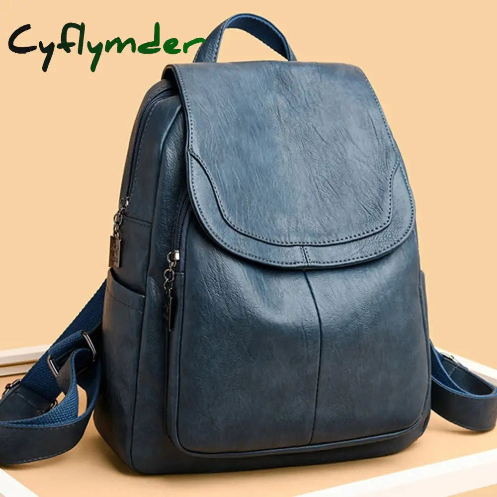 Cyflymder Women Quality Leather Backpacks For Girls Sac A Dos Casual Daypack Black Vintage Backpack