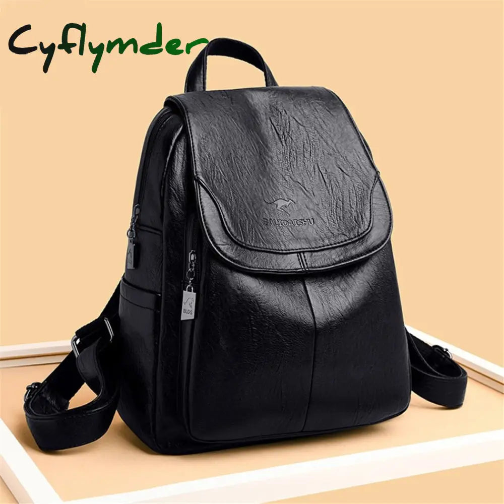 Cyflymder Women Quality Leather Backpacks For Girls Sac A Dos Casual Daypack Black Vintage Backpack