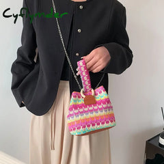 Cyflymder Women Retro Weave Bucket Messenger Bag For New Trend Colorful Ethnic Style Female