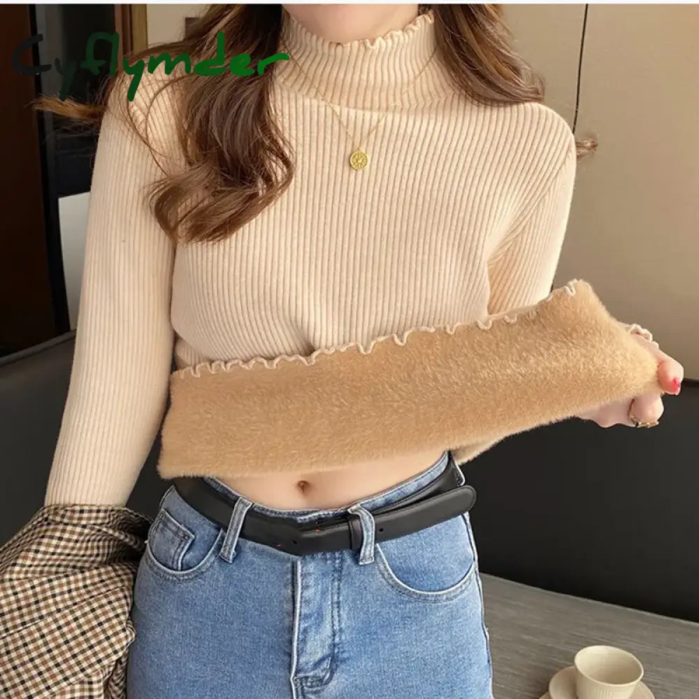 Cyflymder Women Ruffles Mock Neck Sweater Thicken Autumn Fleece Warm Thermal Pullover Cashmere For