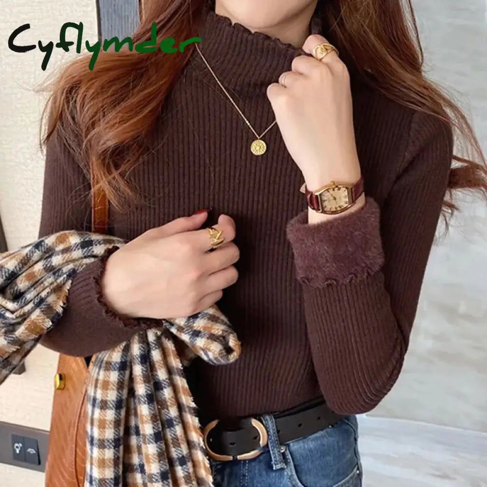 Cyflymder Women Ruffles Mock Neck Sweater Thicken Autumn Fleece Warm Thermal Pullover Cashmere For