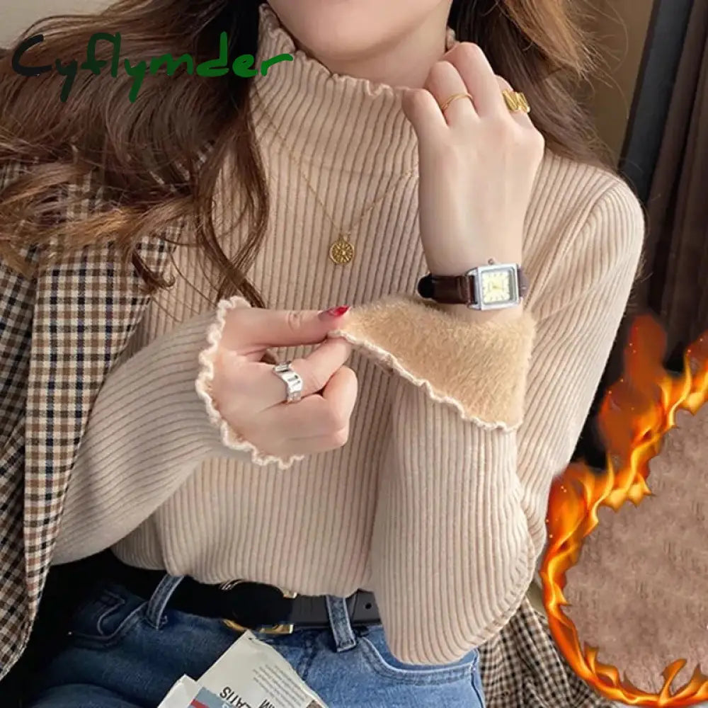 Cyflymder Women Ruffles Mock Neck Sweater Thicken Autumn Fleece Warm Thermal Pullover Cashmere For