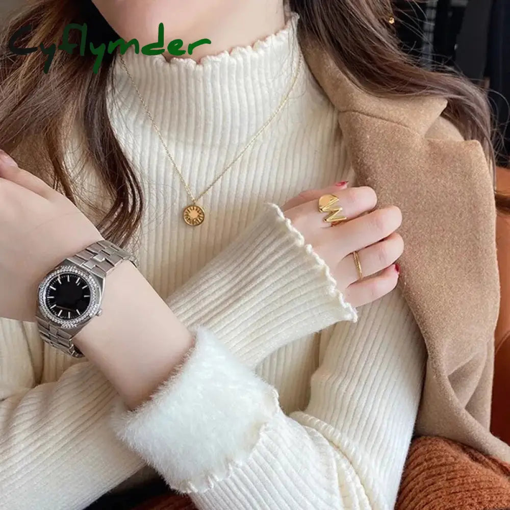 Cyflymder Women Ruffles Mock Neck Sweater Thicken Autumn Fleece Warm Thermal Pullover Cashmere For