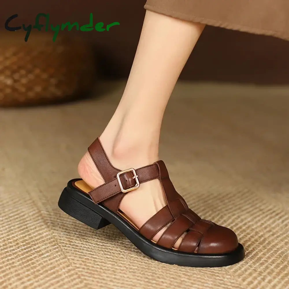 Cyflymder Women Sandals Retro Genuine Leather Luxury Roman Casual Buckle Strap Summer Shoes