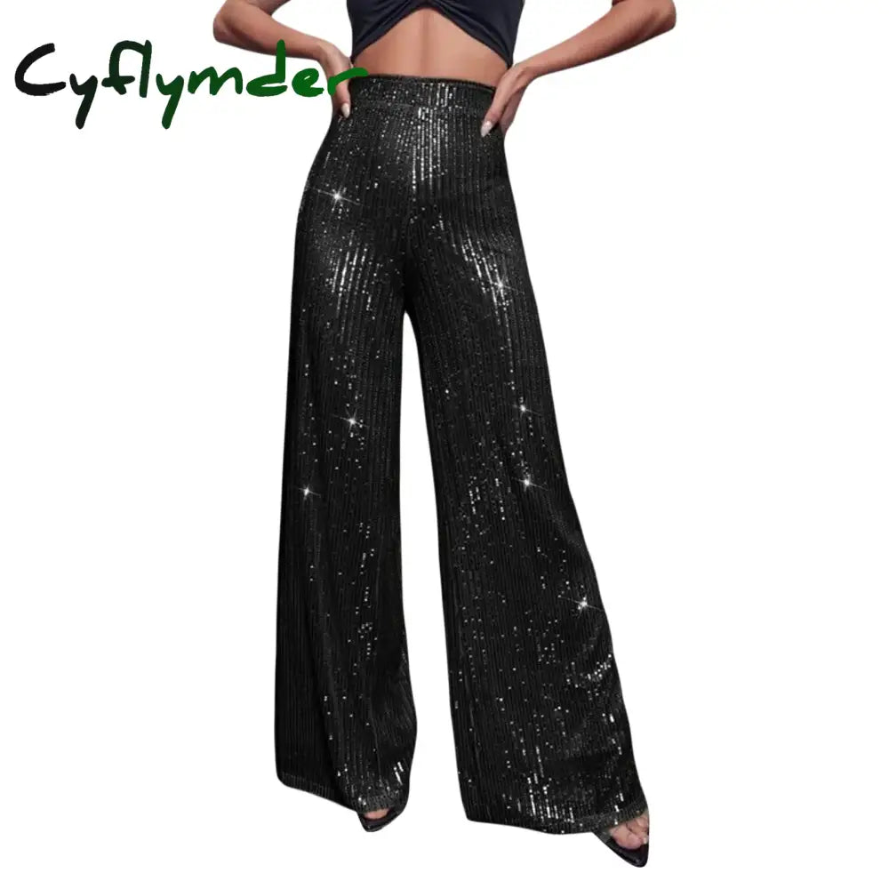 Cyflymder Women Sequin Flare Pants Sparkly High Waist Wide Leg Bell-bottom Trousers Slim Party Club Shiny Pants Clubwear