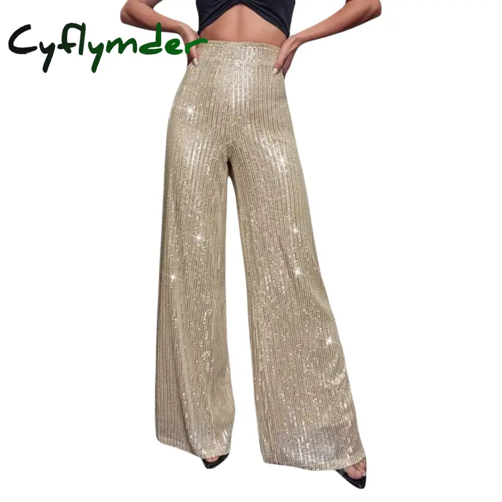 Cyflymder Women Sequin Flare Pants Sparkly High Waist Wide Leg Bell-bottom Trousers Slim Party Club Shiny Pants