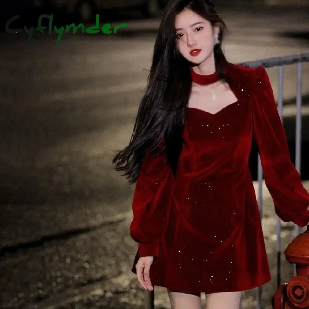 Cyflymder Women Sequins Long Sleeve Wram Vintage Dress Red Velvet Elegant Party Mini Ladies Casual