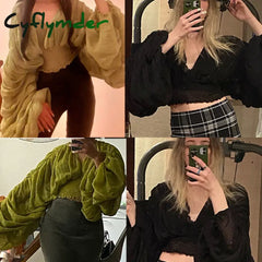 Cyflymder Women Sexy Chiffon Short Blouse Female See Through Super Long Sleeve Blusas