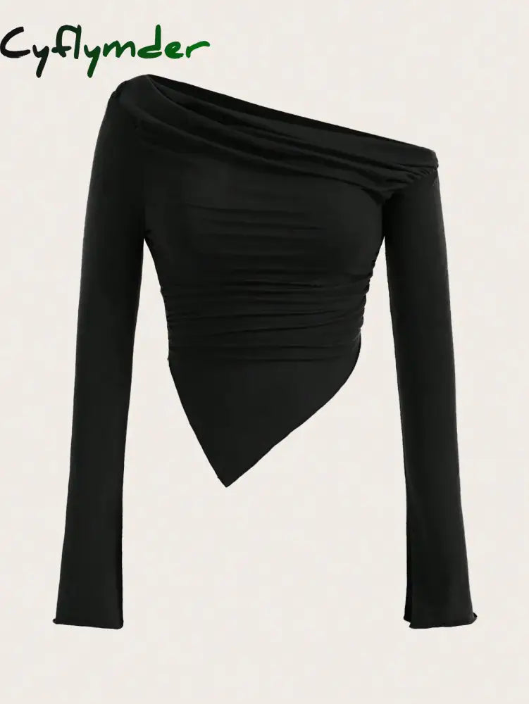 Cyflymder Women Sexy Solid One Shoulder Long Sleeve T Shirt Spring Fall 2024 Y2K Clothes Grunge Goth Slim Fit Tee Top