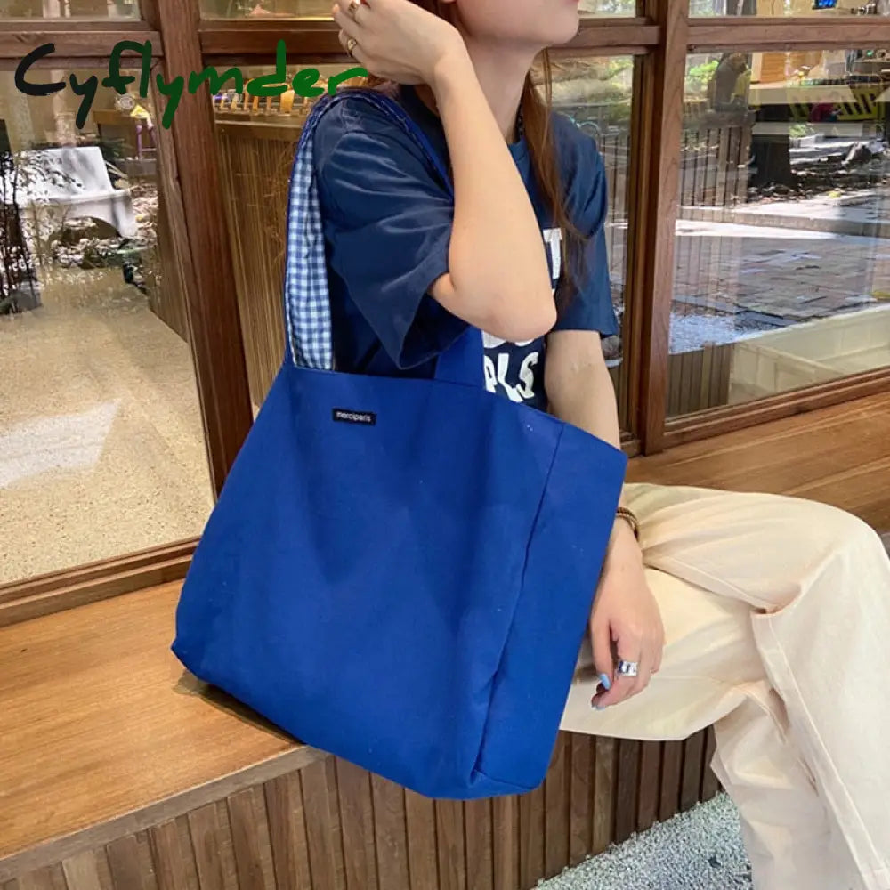 Cyflymder Women Shoulder Bag Canvas Tote Bags Girl Fashion Casual Solid Color Plaid Shopper Large